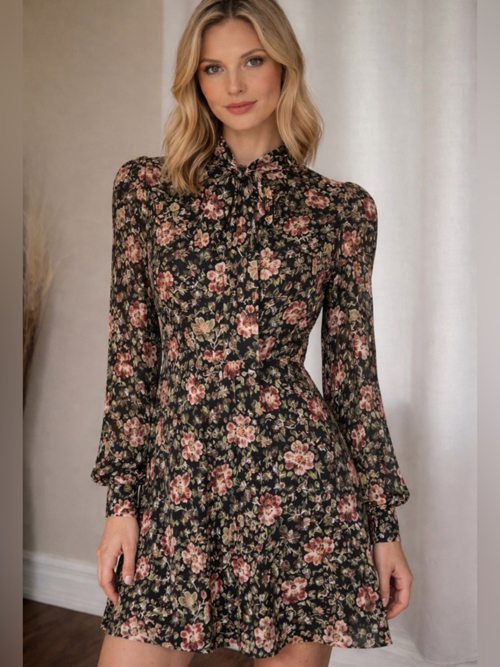 ZARA Flowery Dress With Tie Collar